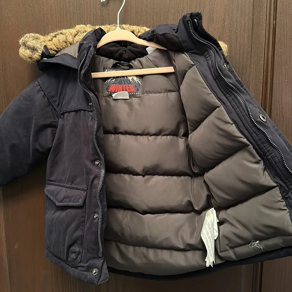 Zara Baby Boy Down Puffer Parka Coat Faux Fur Hood Navy Size 18/24M